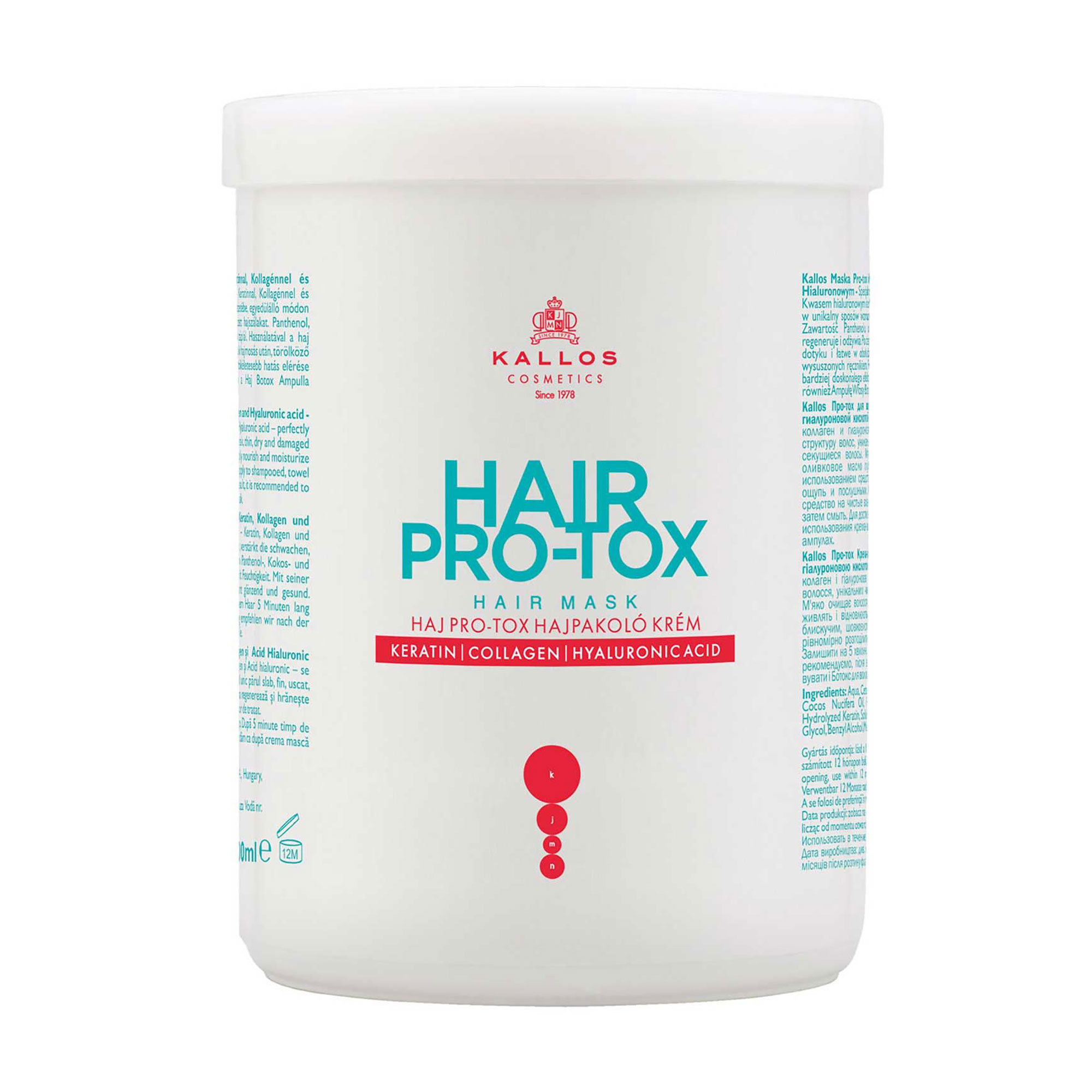 Маска для волосся Kallos Cosmetics Pro-tox з кератином, колагеном та гіалуроновою кислотою, 1 л